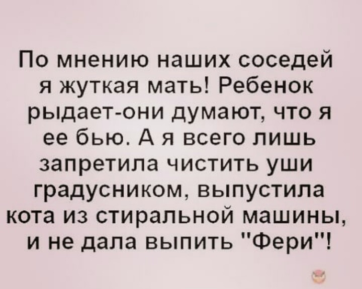 По мнению наших соседей я жуткая мать Ребенок рыдает они думают что я ее бью А я всего лишь запретила чистить уши градусником выпустила кота из стиральной машины и не дала выпить Фери
