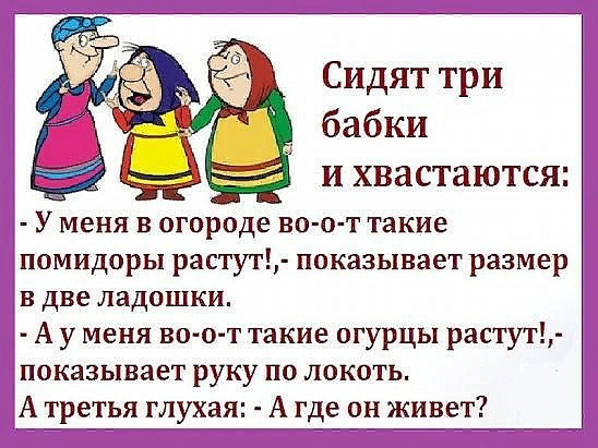 Сидят три _ бабки и хвастаются У меня в огороде во о т такие помидоры растут показывает размер в две ладошки А у меня воо т такие огурцы растут показывает руку по локоть А третья глухая А где он живет