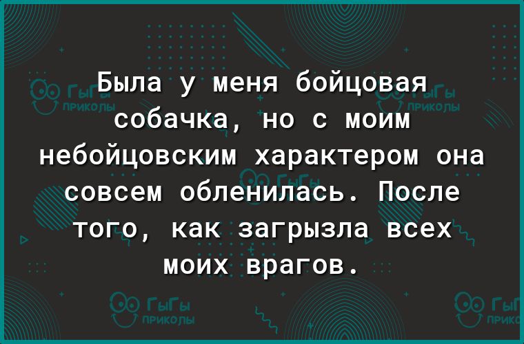 Была у меня бойцовая собачка но с моим небойцовским характером она совсем обленилась после ТОГО как загрызла всех МОИХ врагов
