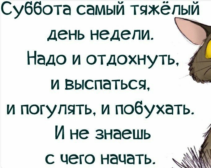 Суббота самый тяжёлый день недели Надо и отдохнуть и выспаться и погулять и побухать И не знаешь с чего начать
