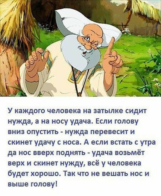 У каждого человека на затылке сидит нужда а на носу удача Если голову вниз опустить нужда перевесит и скинет удачу носа А если встать с утра да нос вверх поднять удача возьмёт верх и скинет нужду всё у человека будет хорошо Так что не вешать нос и выше голову