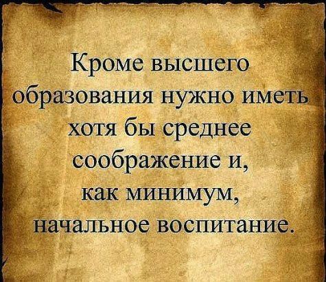 Кроме высшего вбразования нужно ИМе хотя бы среднее соображение И как МИНИМУМ ЧЭЛЬНОС ВОСПИТЗНИ