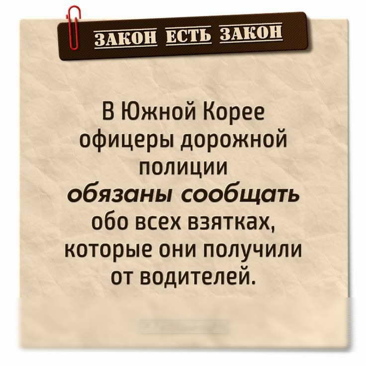 ЗАкон В Южной Корее офицеры дорожной полиции обязаны сообщать обо всех взятках которые они получили от водителей