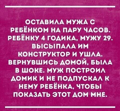 ОСТАВИАА муЖА с РЕБЁНКОН НА ПАРУ ЧАСОВ рнвёнку 4 годин мужу 29 высьппмА им конструктор и уши ннрнувшись домой БЫАА в шокв муж построи Аомик и не подпускм к нему РЕБЁНКА чтовы помзпь этот дом мне