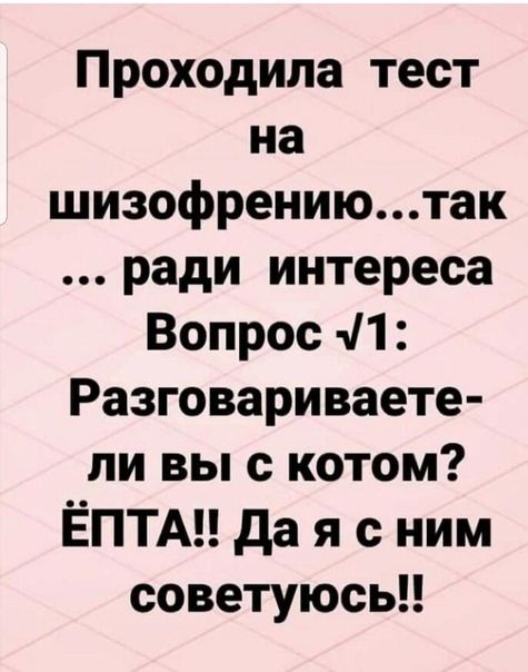 Проходила тест на шизофрениютак ради интереса Вопрос 41 Разговариваете ли вы с котом ЁПТА да я с ним советуюсь