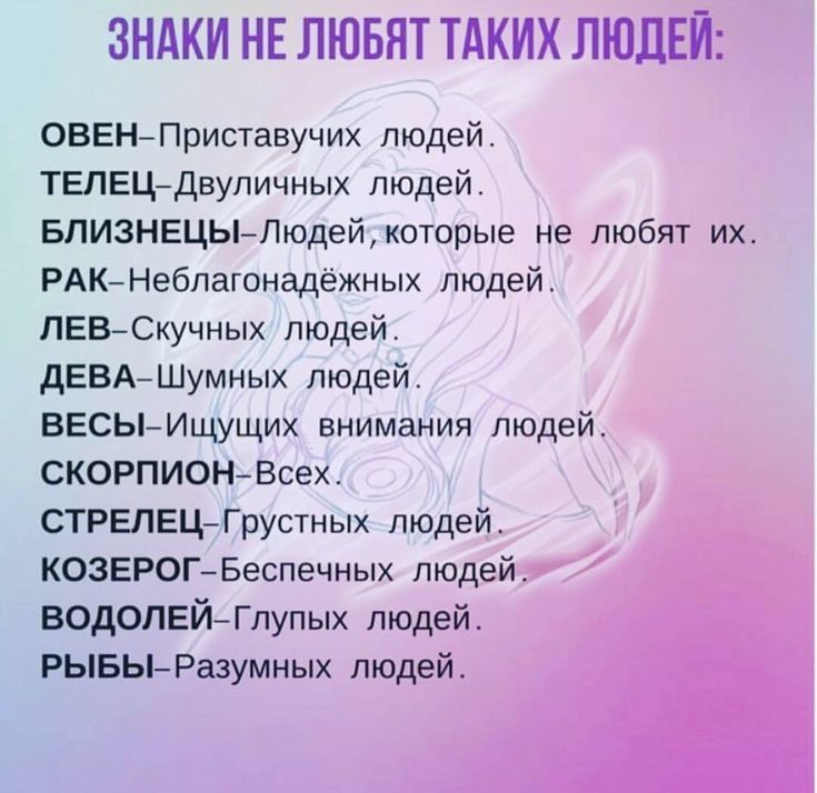 ЗНАКИ НЕ ЛЮБЯТ ТАКИХ ЛЮДЕЙ ОВЕНПриставучих людей ТЕПЕЦДвупичных людей БПИЗНЕЦЫЛюдейкоторые не любят их РАКНеблагонадёжных людей ПЕВСкучных людей дЕВАШумных людей ВЕСЫИщущих внимания людей СКОРПИОНВсех СТРЕЛЕЦГрустных людей КОЗЕРОГБеспечных людейр7 ВОДОПЕЙГлупых людей РЫБЫРазумных людей