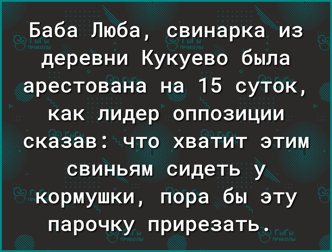 Баба Люба свинарка из деревни Кукуево была арестована на 15 суток как лидер оппозиции сказав что хватит этим свиньям сидеть у кормушки пора бы эту парочку прирезать