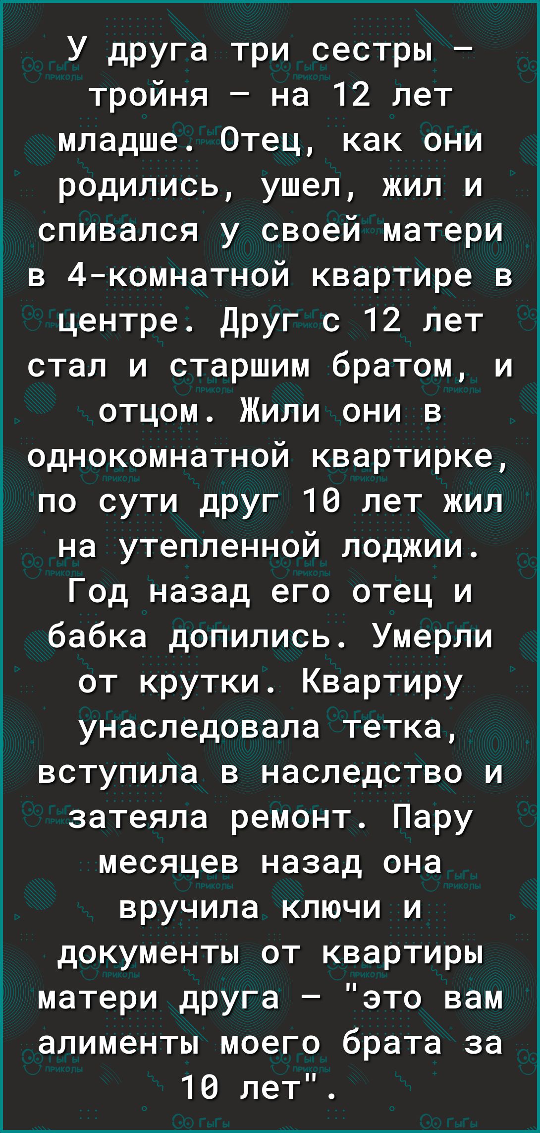 У друга три сестры тройня на 12 лет младше Отец как они родились ушел жил и спивался у своей матери в 4 комнатной квартире в центре Друг с 12 лет стал и старшим братом и отцом Жили они в однокомнатной квартирке по сути друг 10 лет жил на утепленной лоджии Год назад его отец и бабка допились Умерли от крутки Квартиру унаследовала тетка вступила в наследство и затеяла ремонт Пару месяцев назад она в