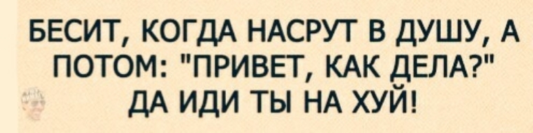 БЕСИТ КОГДА НАСРУТ В ДУШУ А ПОТОМ ПРИВЕТ КАК ЗЕЛА ДА ИДИ ТЫ НА ХУИ