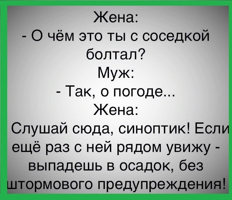 Жена О чём это ты с соседкой болтал Муж Так о погоде Жена Слушай сюда синоптик Есл ещё раз с ней рядом увижу выпадешь в осадок без омового предупрежде