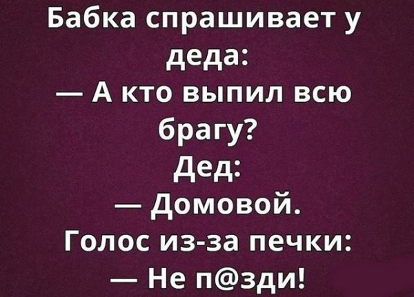 Бабка спрашивает у деда А кто выпил всю брагу дед домовой Голос из за печки Не пзди