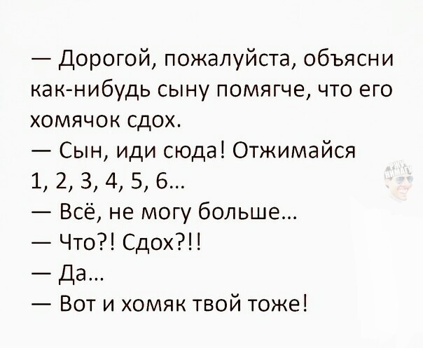 Дорогой пожалуйста объясни какнибудь СЫНУ ПОМЯГЧЕ ЧТО ЕГО хомячок сдох Сын иди сюда Отжимайся 1 2 З 4 5 6 Всё не могу больше Что Сдох Да _ ВОТ И ХОМЯК ТВОЙ ТОЖЕ