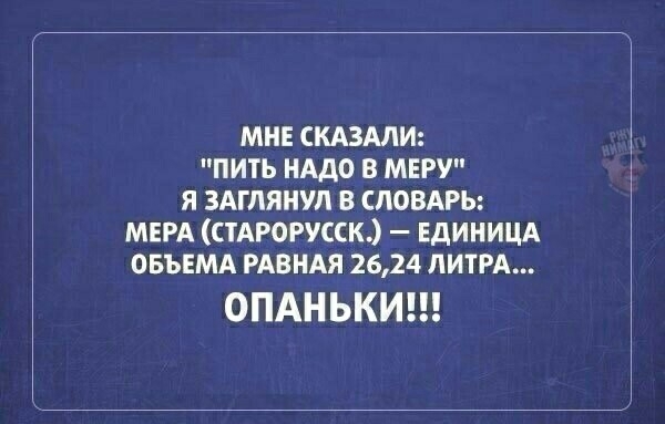 МНЕ СКАЗАЛИ ПИТЬ НАДО В МЕРУ Я ЗАГЛЯНУЛ В СЛОВАРЬ МЕРА СТАРОРУССК ЕДИНИЦА ОБЪЕМА РАЗНАЯ 2624 ЛИТРА ОПАНЬКИ