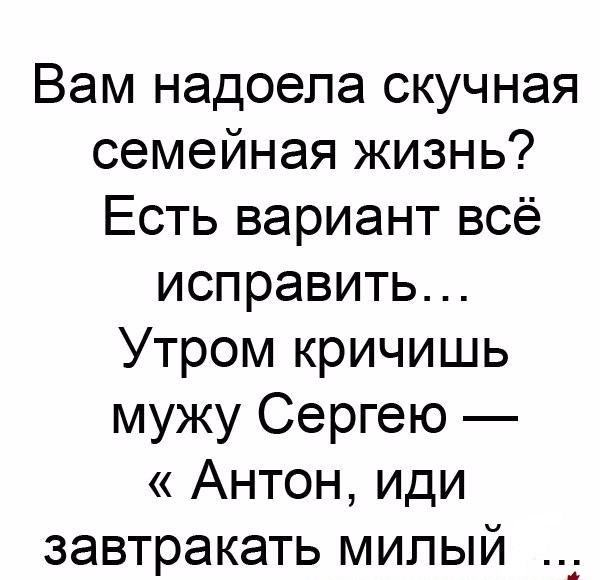 Вам надоела скучная семейная жизнь Есть вариант всё исправить Утром кричишь мужу Сергею Антон иди завтракать милый а