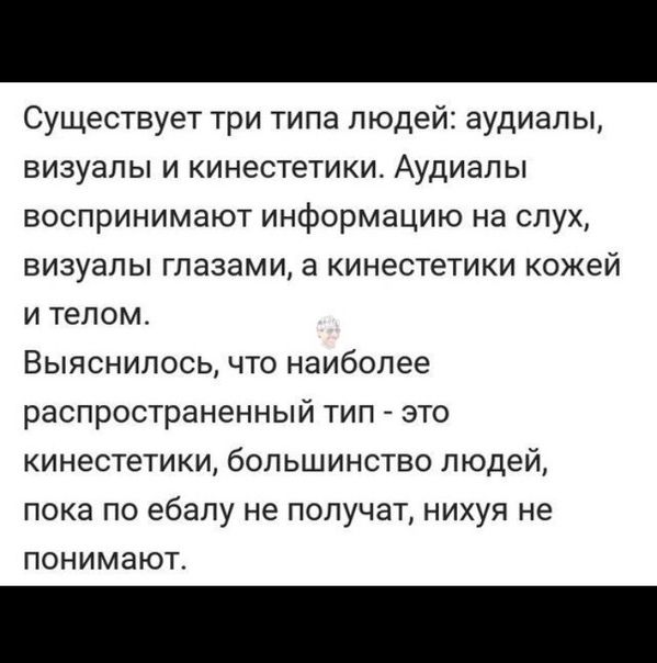Существует три типа людей аудиалы визуалы и кинестетикит Аудиалы воспринимают информацию на слух визуалы глазами а кинестетики кожей и телом Выяснилось что наиболее распространенный тип это кинестетики большинство людей пока по ебалу не получат нихуя не понимают