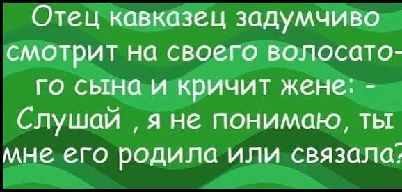 Отец кавказец задумчиво смотрит на своего волосато го сына и кричит жене Слушай я не понимаю ты мне его родила или связала