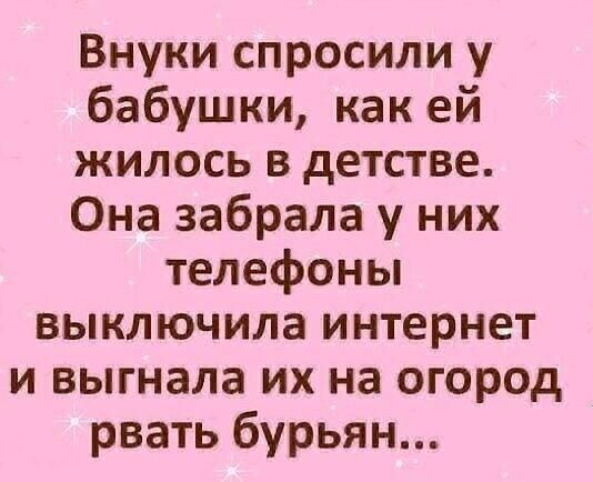 Внуки спросили у бабушки как ей жилось в детстве Она забрала у них телефоны выключила интернет и выгнала их на огород рвать бурьян