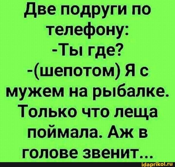 две подруги по телефону Ты где шепотом Я с мужем на рыбалке Только что леща поймала Аж в голове звенит