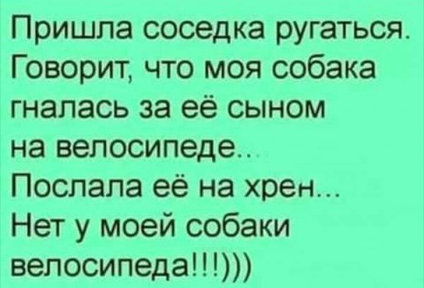 Пришла соседка ругаться Говорит что моя собака гнапась за её сыном на велосипеде Послала её на хрен Нет у моей собаки велосипеда