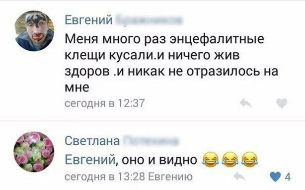 Евгений МЕНЯ МНОГО раз энцефалитные КЛЕЩИ КУСЭЛИМ НИЧЕГО ЖИВ Здоров И никак не ОТРаЗИЛОСЬ на мне сегодня 31237 Светлана Евгений оно и видно 080 сегодня 513 28 Евгению 4
