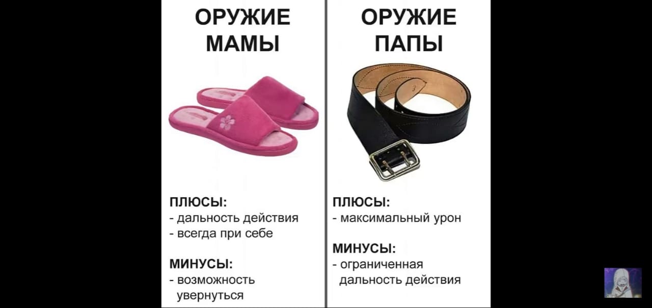 ОРУЖИЕ МАМЫ ПЛЮСЫ дальность действия всегда при себе М И НУС Ы возможность увернуться ОРУЖИЕ ПАПЫ ПЛЮСЫ максимальный урон МИНУСЫ ограниченная дальность действия