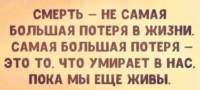 СМЕРТЬ НЕ САМАЯ БОЛЬШАЯ ПОТЕРЯ В ЖИЗНИ САМАЯ БОЛЬШАЯ ПОТЕРЯ ЭТО ТО ЧТО УМИРАЕТ В НАС ПОКА МЫ ЕЩЕ ЖИВЫ