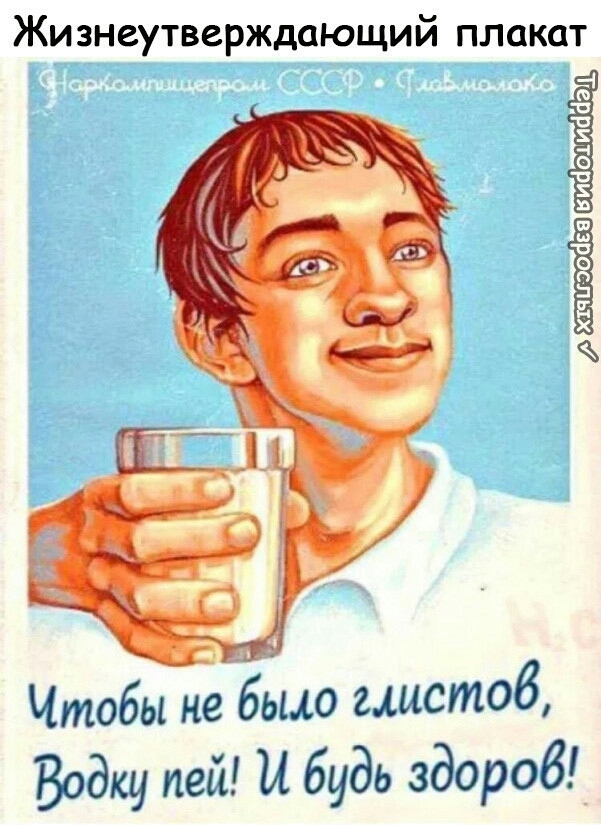 Жизнеутверждающий плакат Чтобы не бьмо глистов Водку пей И будь здороб