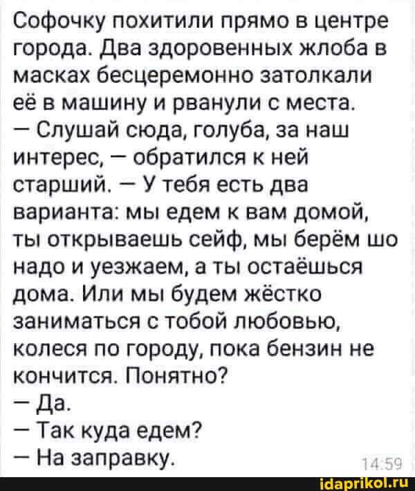 Софочку похитили прямо в центре города два здоровенных жлоба в масках бесцеремонно затолкали её в машину и рванули с места Слушай сюда голуба за наш интерес обратился к ней старший У тебя есть два варианта мы едем к вам домой ты открываешь сейф мы берём шо надо и уезжаем а ты остаёшься дома Или мы будем жёстко заниматься с тобой любовью колеся по городу пока бензин не кончится Понятно Да Так куда 