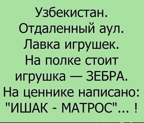 Узбекистан Отдаленный аул Лавка игрушек На полке стоит игрушка ЗЕБРА На ценнике написано ИШАК МАТРОС