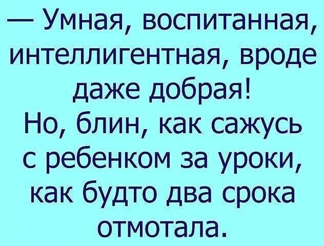 Умная воспитанная интеллигентная вроде даже добрая Но блин как сажусь с ребенком за уроки как будто два срока отмотала