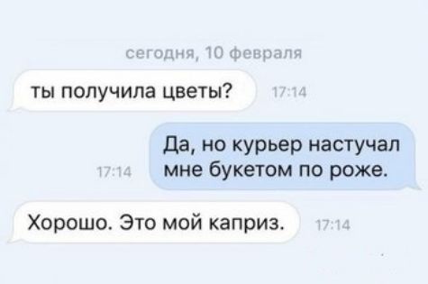 ТЫ ПОПУЧИЛЭ ЦВЕТЫ да но курьер настучап мне букетом по роже Хорошо Это мой каприз