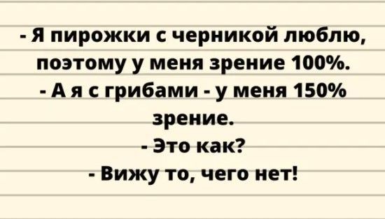 я пирожки с черникой люблю поэтому у меня зрение 100 А я с грибами у меня 150 зрение Это как Вижу то чего нет
