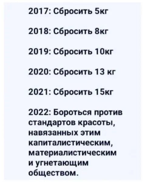 2017 Сбросить Бкг 2018 Сбросить 8кг 2019 сбросить 10кг 2020 Сбросить 13 кг 2021 Сбросить 15кг 2022 Бороться против стандартов красоты навязанных этим капиталистическим материалистическим и угнетающим обществом