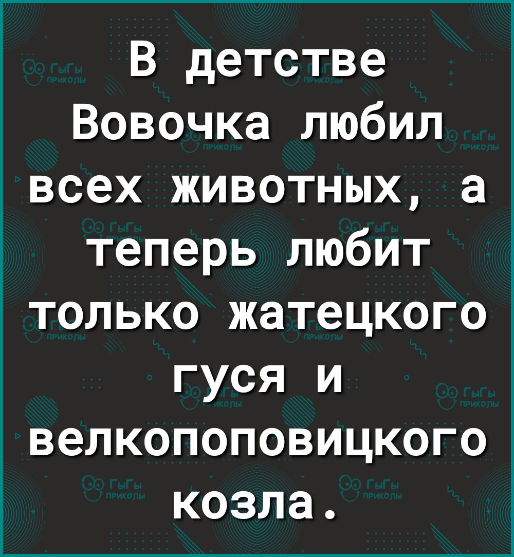 В детстве Вовочка любил всех животных а теперь любит только жатецкого гуся и велкопоповицкого козла