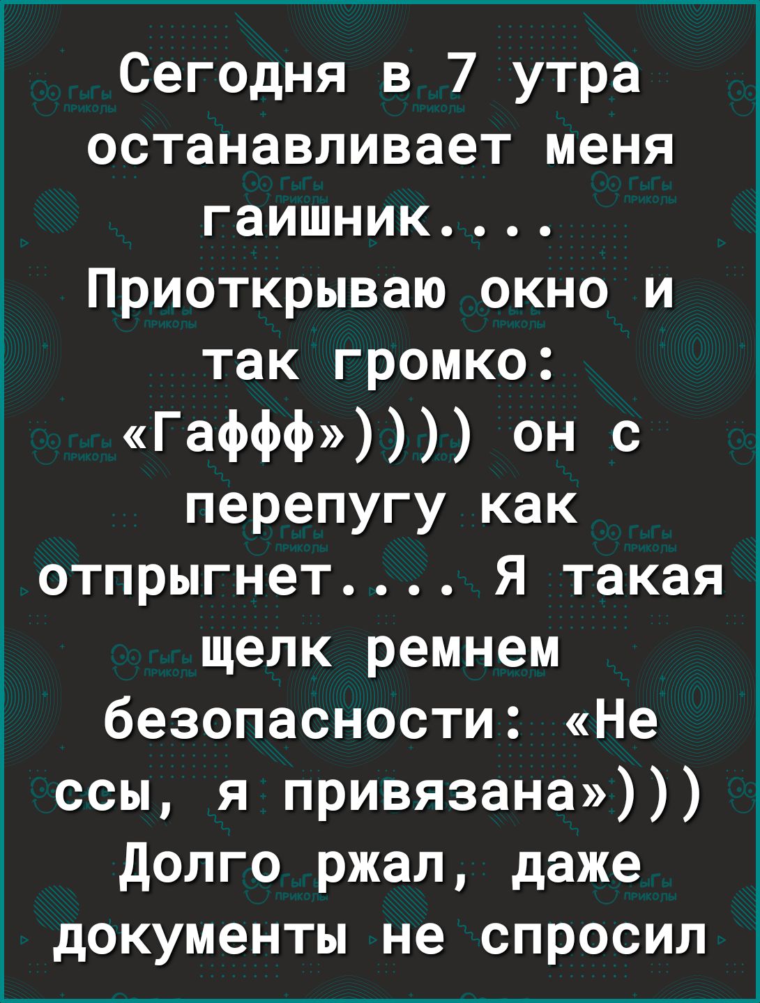 Сегодня в 7 утра останавливает меня гаишник Приоткрываю окно и так громко Гаффф ОН С перепугу как отпрыгнет Я такая щелк ремнем безопасности Не ссы я привязана Долго ржал даже документы не спросил