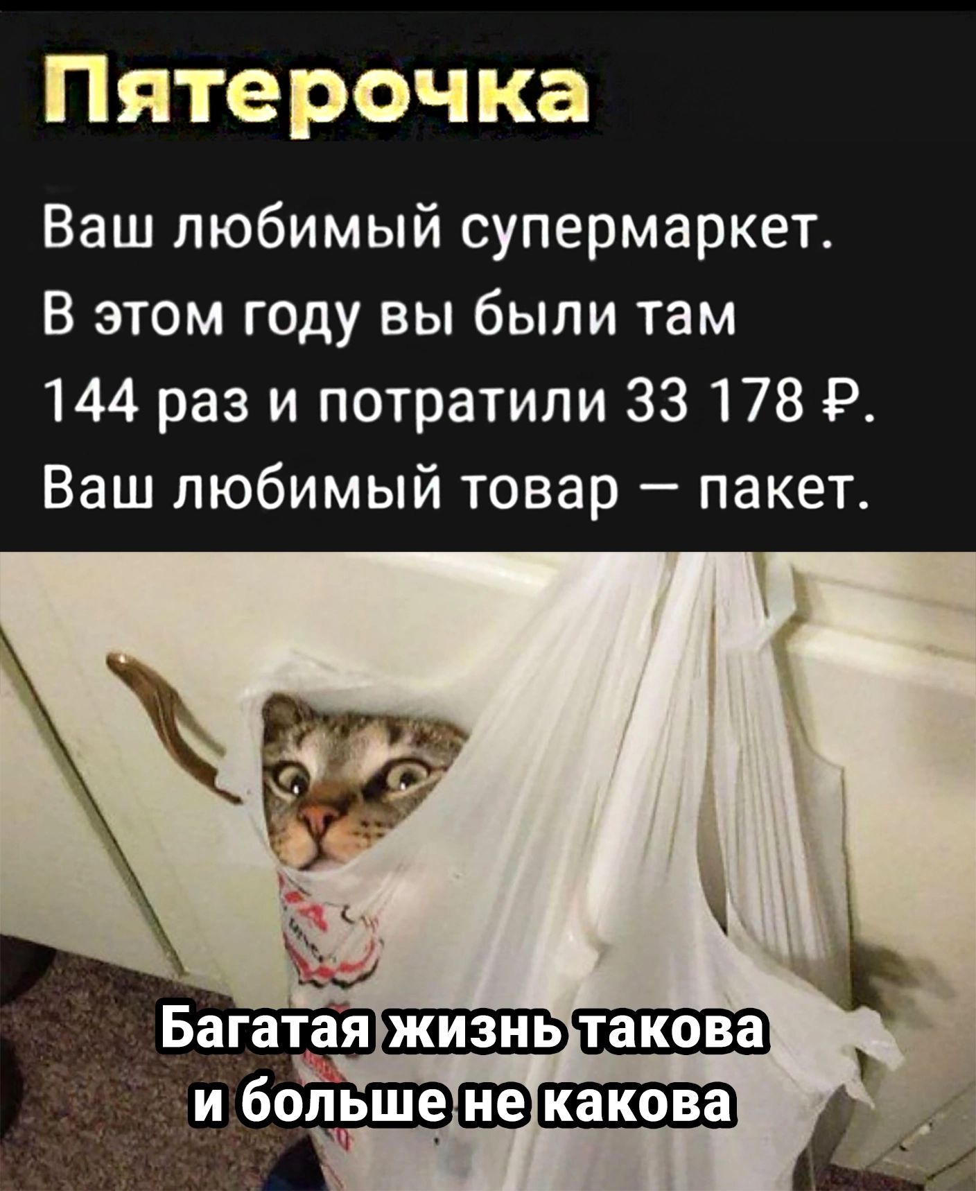 Пятерочка Ваш любимый супермаркет В этом году вы были там 144 раз и потратили 33178 Р Ваш любимый товар пакет