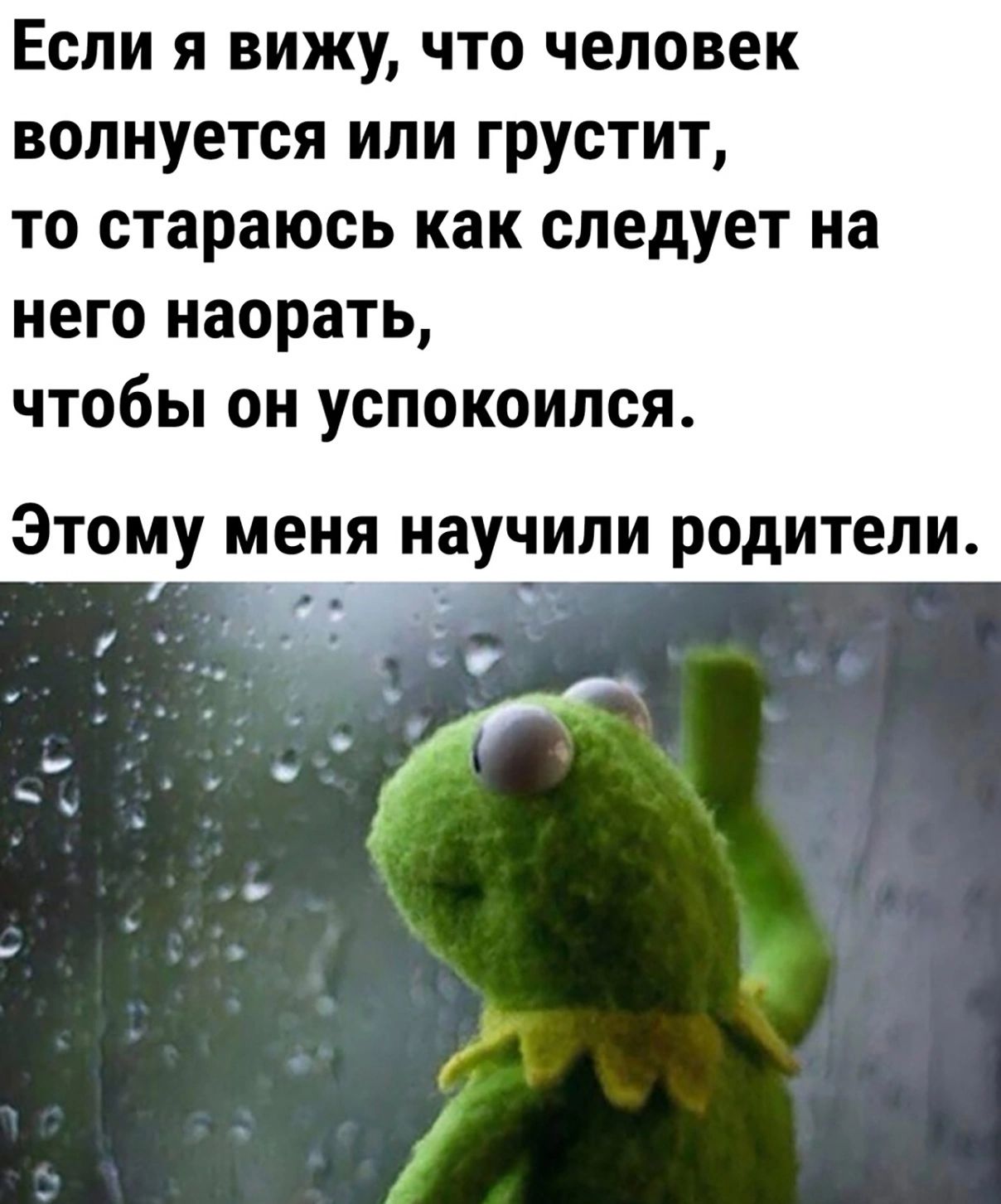 ЕСЛИ Я вижу ЧТО ЧЕЛОВЕК ВОЛНУЕТОЯ ИЛИ ГРУСТИТ то стараюсь как следует на него наорать чтобы он успокоился ЭТОМУ МЕНЯ научили родители