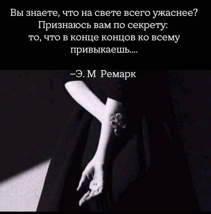 Вы знаете что на свете всего ужаснее Признаюсь вам по секрету то что в конце концов ко всему привыкаемь ЭМ Ремарк