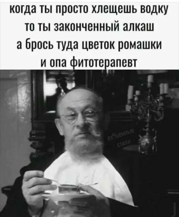 когда ты просто хлещешь водку то ты законченный алкаш а брось туда цветок ромашки и опа фитотерапевт