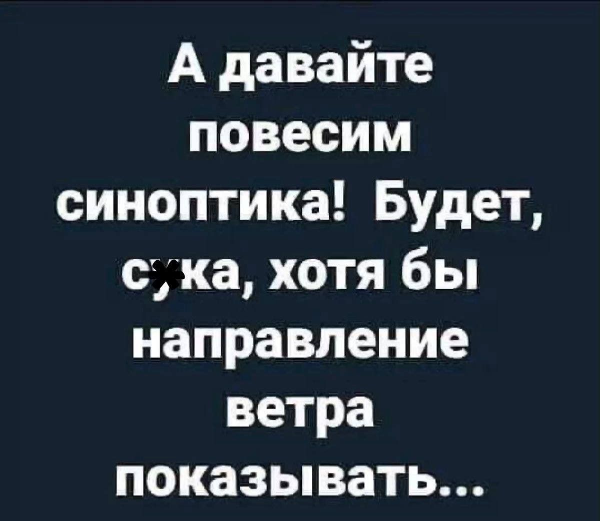 А давайте повесим синоптика Будет сука хотя бы направление ветра показывать