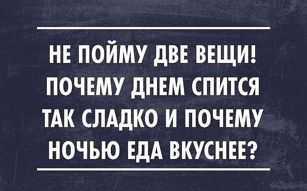 НЕ ПОЙМУ ДВЕ ВЕЩИ ПОЧЕМУ ДНЕМ СПИТСЯ ТАК СЛАДКО И ПОЧЕМУ НОЧЬЮ ЕДА ВКУСНЕЕ