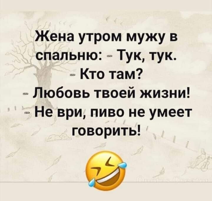Жена утром мужу в спальню Тук тук Кто там Любовь твоей жизни Не ври пиво не умеет говорить