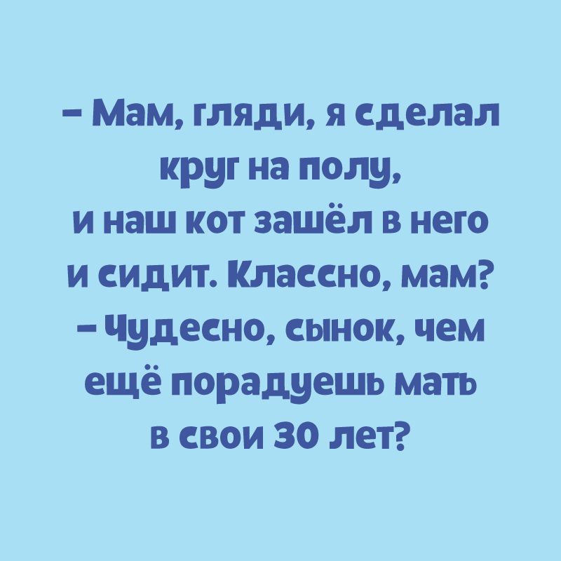 Мам гляди я сделал круг на полу и наш кот зашёл в него и сидит Классно мам Чудесно сынок чем ещё порадуешь мать в свои 30 лет