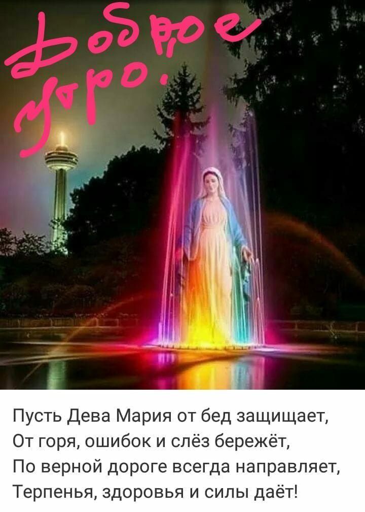 Пусть Дева Мария от бед защищает От горя ошибок и слёз бережёт По верной дороге всегда направляет Терпенья здоровья и силы даёт