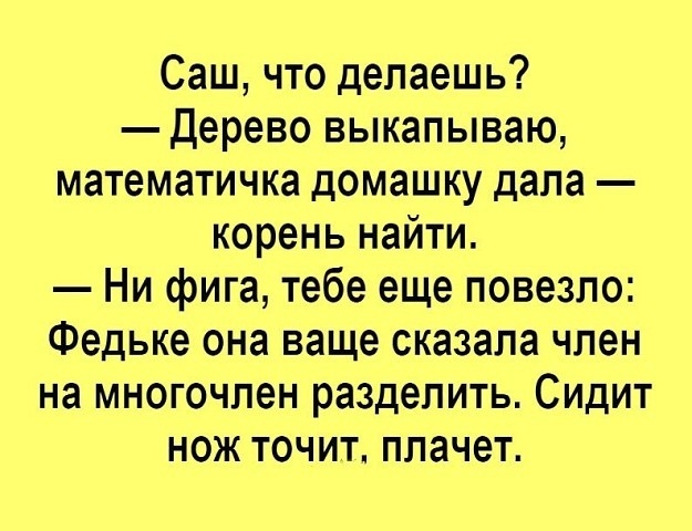 Саш что делаешь дерево выкапываю математичка домашку дала корень найти Ни фига тебе еще повезло Федьке она ваще сказала член на многочлен разделить Сидит нож точит плачет