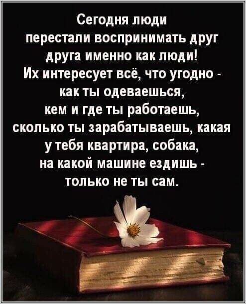 Сегодня люди перестали воспринимать дРУг друга именно как люди Их интересует всё что угодно как ты одеваешься кем и где ты работаешь сколько ты зарабатываешь какая у тебя квартира собака на какой машине ездишь только не ты сам і 1