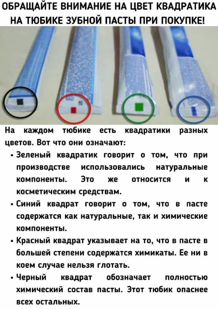 ОБРАЩАЙТЕ ВНИМАНИЕ НА ЦВЕТ КВАДРАТИКА НА ТЮБИКЕ ЗУБНОЙ ПАСТЫ ПРИ ПОКУПКЕ _ На каждом тюбике есть квадратики разных цветов Вот что они означают Зеленый квадратик говорит о том что при производстве использовались натуральные компоненты Это же относится и к косметическим средствам Синий квадрат говорит о том что в пасте содержатся как натуральные так и химические компоненты Красный квадрат указывает 