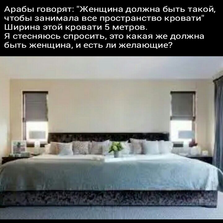 Арабы говорят Женщина должна быть такой чтобы занимала все пространство кровати Ширина этой кровати 5 метров Я стесняюсь СПРОСИТЬ ЭТО какая же должна быть женщина и есть ли желающие