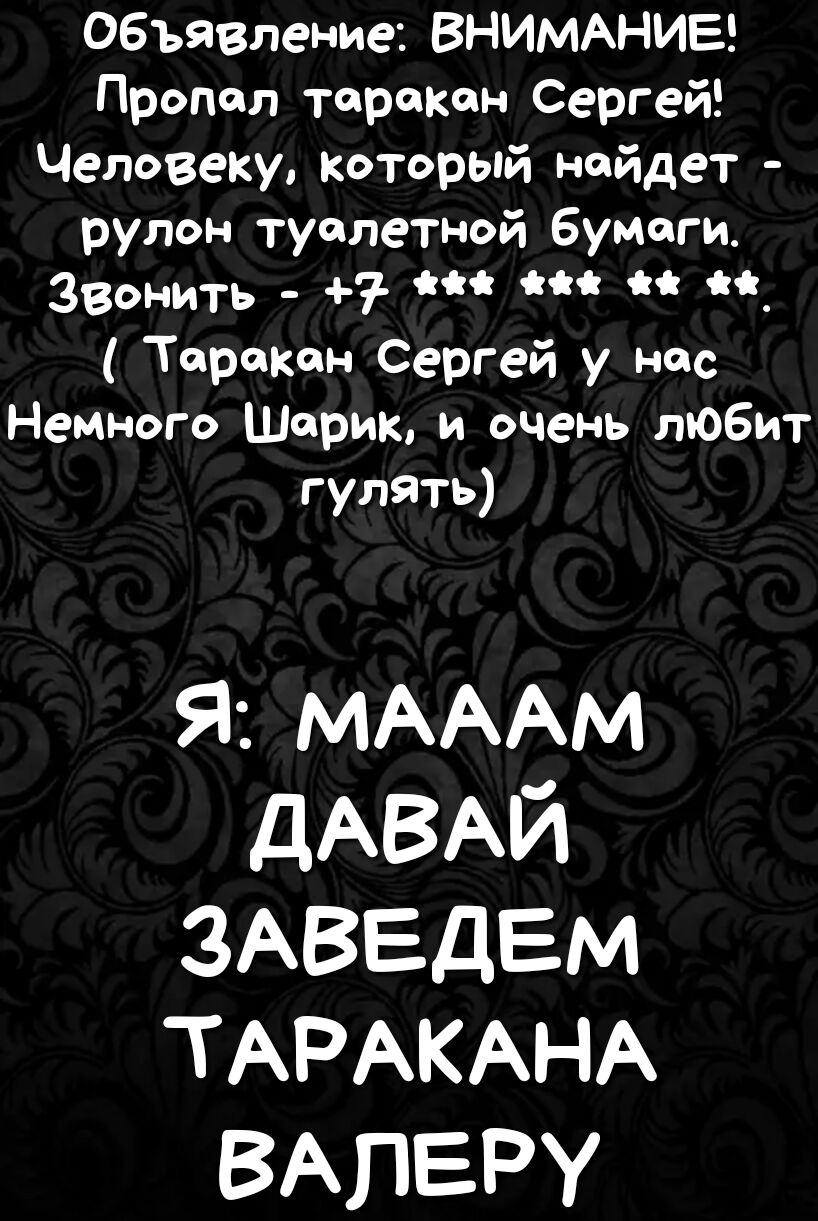 Объявление ВНИМАНИЕ Пропал таракан Сергей Человеку который найдет рулон туалетной бумаги Звонить 7 _ Торокон Сергей у нас Немного Шарик и очень любит гулять Я1МАААМ дАВАЙ ЗАВЕДЕМ ТАРАКАНА ВАПЕРУ