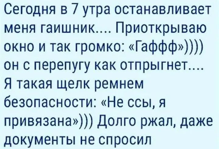 Сегодня в 7 утра останавливает меня гаишник Приоткрываю окно и так громко Гаффф он с перепугу как отпрыгнет Я такая щелк ремнем безопасности Не ссы я привязана Долго ржал даже документы не спросил